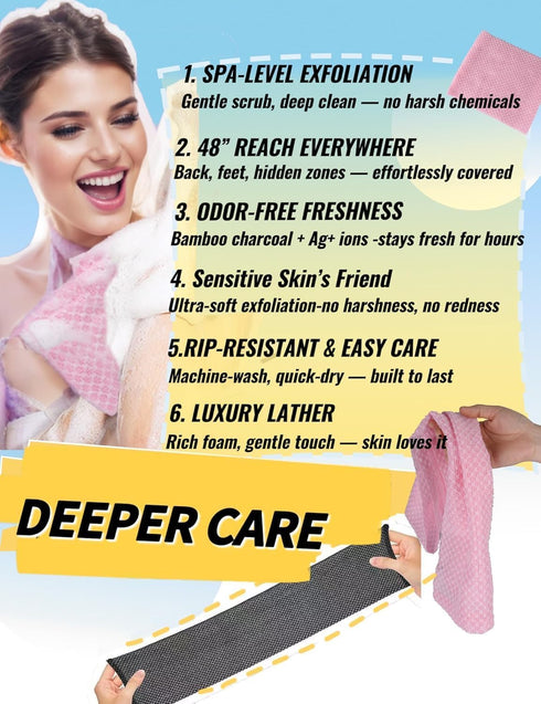 BlissLark 48",Premium (1, BLISSALRK Exfoliating Shower Towel Scrub Wash Cloth for Body Face, Exfoliating Washcloth