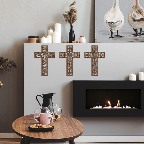 Yookeer 3 Pcs Wooden Cross Wall Decor - Handmade Antique Religious Brown Decorations for Home