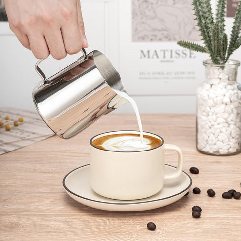 12oz Milk Frothing Pitcher - 304 Stainless Steel Milk Frother Cup with Clear Scale for Barista Accessories