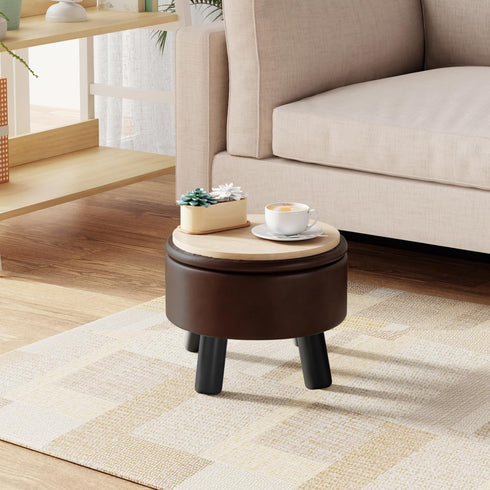 Small Foot Stool Ottoman with Storage, Faux Leather Ottoman Foot Rest for Couch, Round Footstool Ottomans for Living