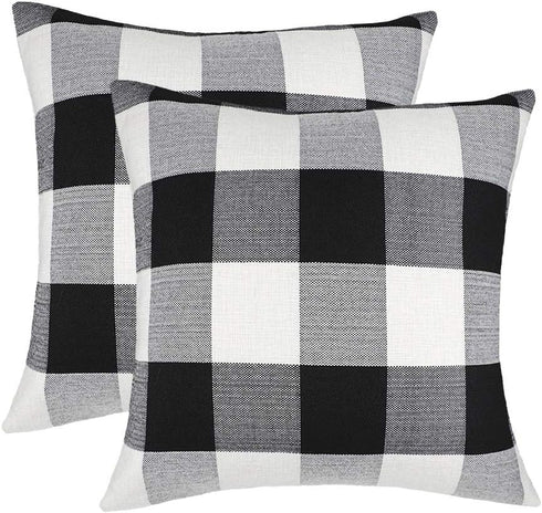 4TH Emotion Set of 2 Black and White Farmhouse Buffalo Check Plaid Throw Pillow Covers, 20 x 20 Inches, Polyester Linen