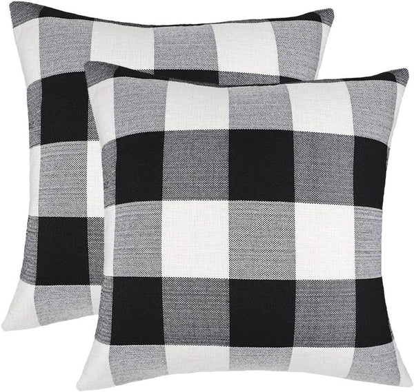 4TH Emotion Set of 2 Black and White Farmhouse Buffalo Check Plaid Throw Pillow Covers, 20 x 20 Inches, Polyester Linen