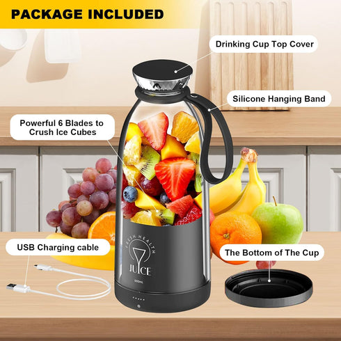 Portable Blender, 500ML Personal Blender for Shakes and Smoothies, USB Rechargeable with Six Blades for Travel