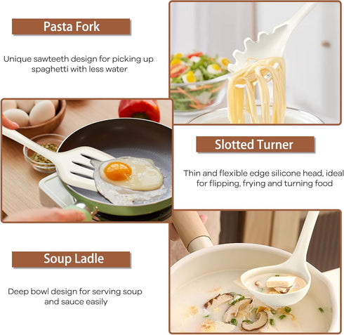 TeamFar 7-Piece Silicone Cooking Utensils Set, Heat Proof Kitchen Tools for Nonstick Cookware, White