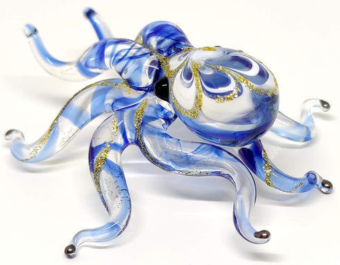 Octopus Miniature Figurines - Hand Blown Color Glass Art Collectible Gift Decor, 3.25" Blue Tone