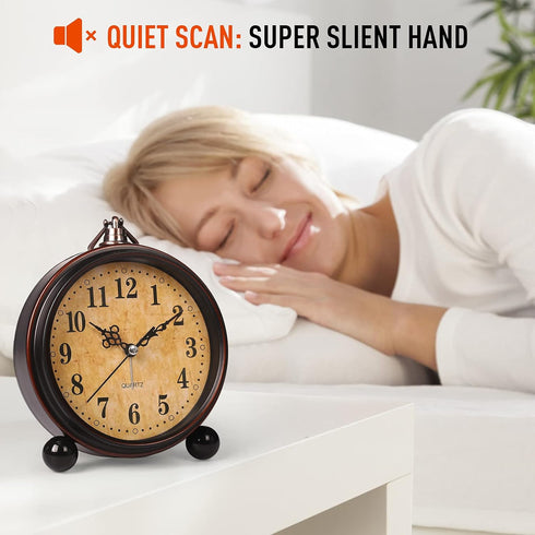 Battery Alarm Clock - Vintage Hangable Night Light, Super Silent Non-Ticking Analog Table Clock