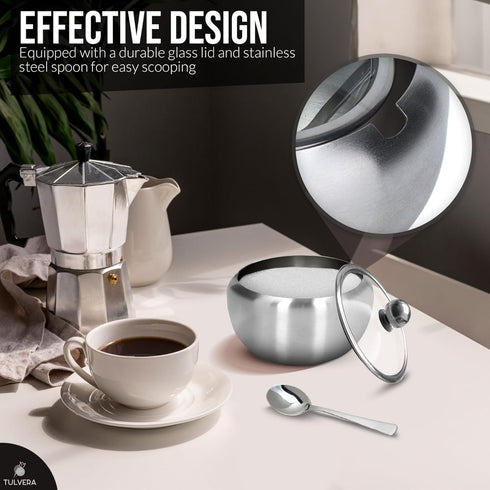 12oz Countertop 350ml Sugar Bowl with Lid and Spoon | Sugar Container for Coffee Bar | Stainless Steel Holder Jar