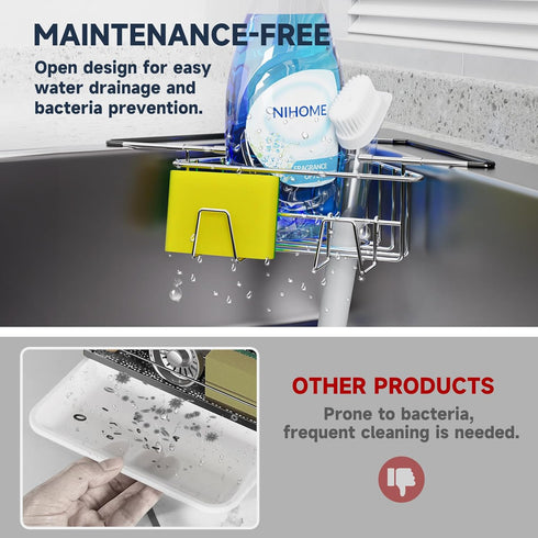 NiHome Extendable Arm Stainless Steel Kitchen Sink Corner Caddy, Easy Install Space-Saving Adjustable Sponge Holder
