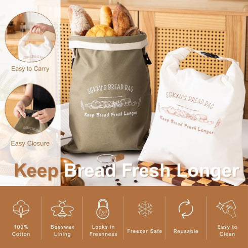 SGKXU 2 Pack Reusable Beeswax Bread Bags for Homemade Sourdough - XL Removable Cotton Linen Sourdough Storage Bags