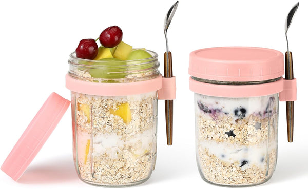 KAIZHOUZHOU 16oz Glass Mason Overnight Oats Jars, Cereal, Yogurt, Salad Lunch,Glass Overnight Oats
