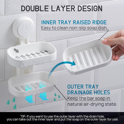 LEVERLOC Soap Dish Holder for Shower, Double Layer Suction Cup Wall Mounted, Waterproof Soap Sponge Holder