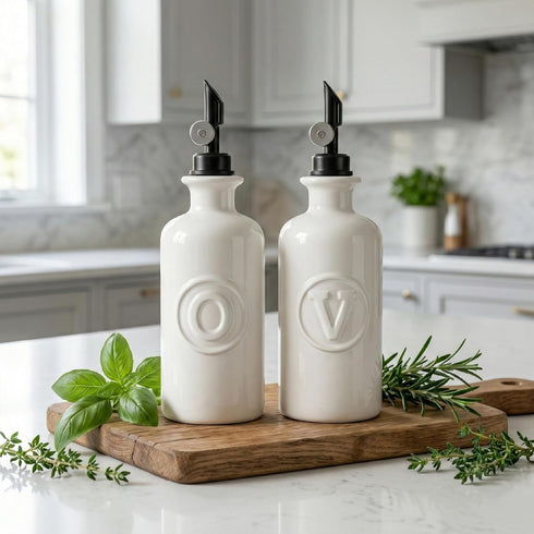 Mlle Label Set 2 500 ml Oil and Vinegar Dispenser White Ceramic Bottles with Matte Black Flip-Top Spout Olive Oil