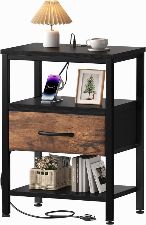 OLIXIS Nightstand with Charging Station, Bedside Tables with USB Ports and Fabric
