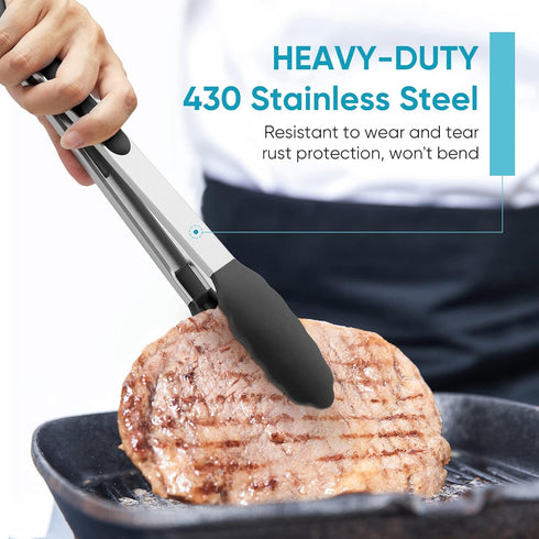 600? Heat Resistant Kitchen Tongs for Cooking with Silicone Tips,Maywe Tanso 12-Inch Stainless Steel Locking Cooking Tongs Food Tongs for BBQ,Cooking,Salad and Serving Food,Heavy Duty,Non-Stick,Black by Maywe Tanso