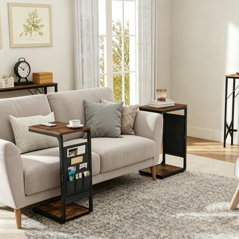 Vovonusy ET-P-BR1 Wood Pedestal Small TV Trays for Eating, C Shaped End Table Storage Bag, Sofa Side Table Couch Desk