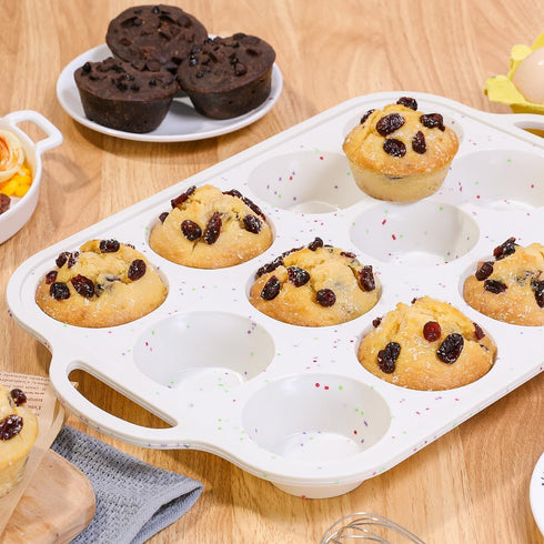 CAKETIME 12 Cups Silicone Muffin Pan, Metal Reinforced Frame Nonstick Cupcake Pan with Handle, BPA Free