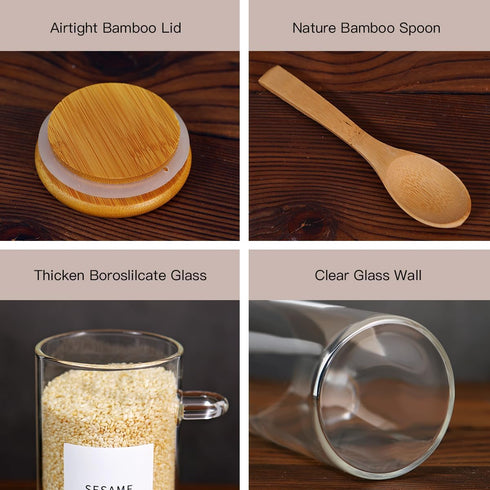 8 10 oz 148 Pcs Glass Containers with Bamboo Lids and Spoons - Sugar Container with Kitchen Pantry Spice Jar Labels