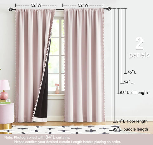 63inch 100% 2pcs 52"w Pom-pom Pink Blackout Curtains for Bedroom Length Energy Efficient Full Blackout Window Panels