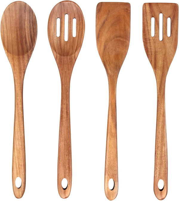 4-Piece 14" Large Wooden Utensils Set for Cooking, Non-Stick Slotted Spoon, Spatula, Mixing Spoons
