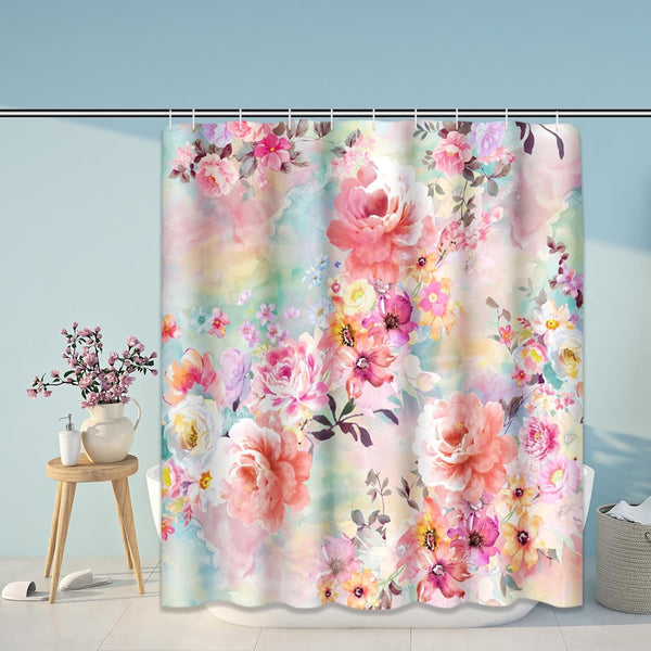 ArtSocket Shower Curtain, Colorful Flowers Romantic Pink Teal Watercolor Chic Floral Pattern, 72 x 72 Inches
