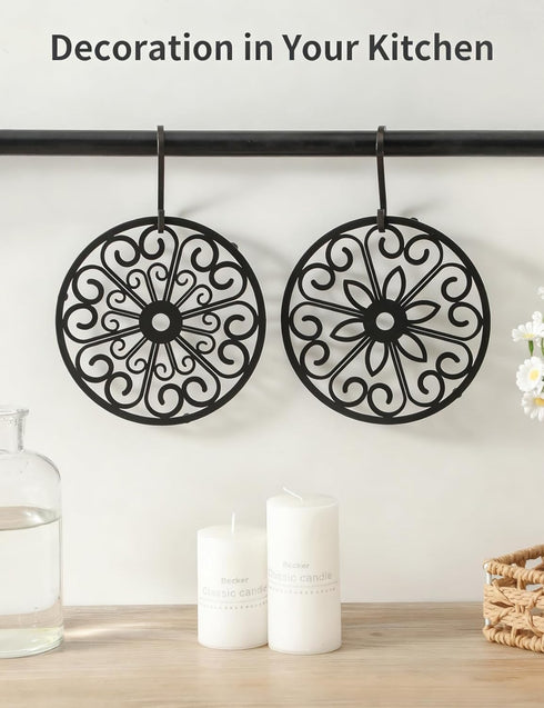 TEAKISS 2 Pack 7 Inch Decorative Round Flower Trivets - Iron Pot Pads, Black Elegant Kitchen and Dining Table