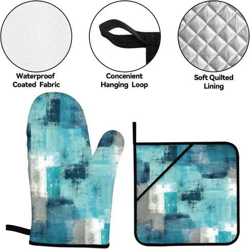 Modern Teal Abstract Art Turquoise Grey Oven Mitts and Pot Holders Set of 4 for Kitchen Baking Cooking Grilling