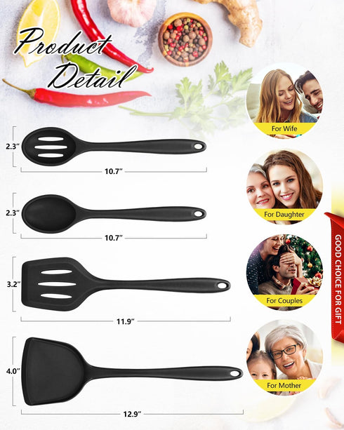 4 Pcs Silicone Kitchen Utensils Set, Nonstick BPA Free High Heat Resistant Wok Spatulas, Cooking Spoon, Slotted Turner