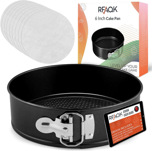 RFAQK Non-Stick 6 Inch Cake Pan with Removable Bottom, Leakproof Springform Pan, 50Pcs Parchment Papers