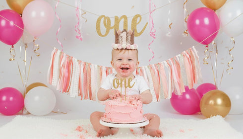 1st Set PapaKit Girls Birthday High Chair Premium Decoration - Pink & Gold Ribbon Garland, Crown, One Banner & Cake