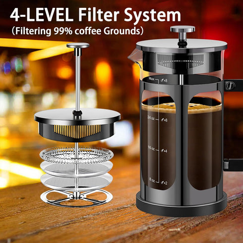 French Press Coffee Maker (34oz, 1 Quart, 5-6 Cup) with 4 Filters, Heat Resistant Borosilicate Glass, Cold Brew Gifts