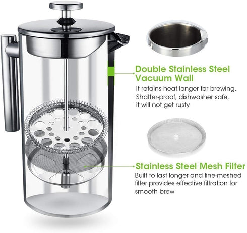 Small French Press Coffee Maker, 12OZ/350ML Stainless Steel Insulated Coffee Press with 2 Filters, 0.35 Liter (Silver)