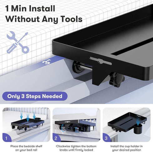 Bedside Shelf, Bunk Bed Table Shelf for Top Bunk, Black Clip On Nightstand with Removable Cup Holder&Power Strip