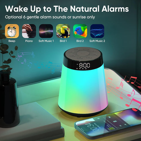 AGQQ 21 12 Dimmable Sunrise Alarm Clock with Wake Up Light & White Noise Machine - Soothing Sounds, Color Night Lights
