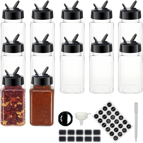 12 Pack 4oz Clear Plastic Spice Jars with Black Lids, Square Seasoning Containers with Chalk Labels, Kitchen Cabinet