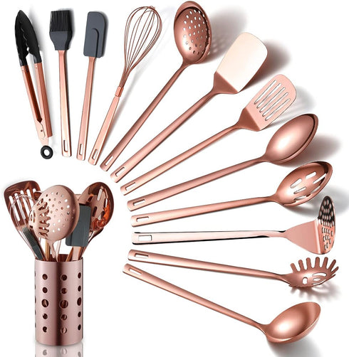 Copper Kitchen Utensils Set, 13 Pieces Stainless Steel Cooking Tools with Titanium Rose Gold Plating and Holder