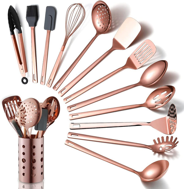 Copper Kitchen Utensils Set, 13 Pieces Stainless Steel Cooking Tools with Titanium Rose Gold Plating and Holder