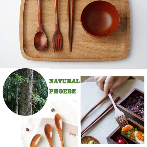 Reusable Wooden Utensils for Eating 8 Pcs Travel Wooden Spoons Forks Chopsticks Cutlery Set with Case Portable Lunch Utensils Silverware Set for Lunch Wood Flatware Set for Eating by Busnos