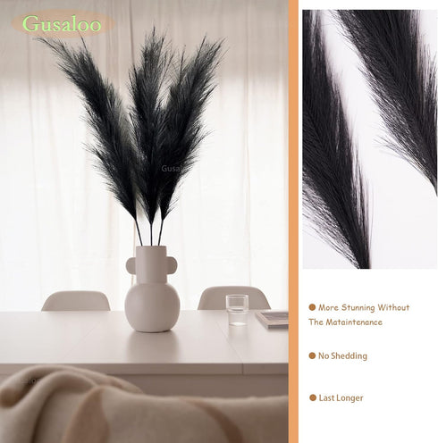 Artificial Faux Pampas Grass Large Bundle of 3, 47"/120cm Tall Fluffy Stems for Living Room Kitchen Boho Decor - Black