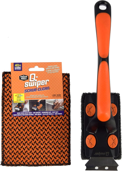Set Proud Grill Q-Swiper XL Scrub-Clean BBQ Grill Cleaner - Long Bristle-Free Brush with Scraper & Scrub-Clean Reusable