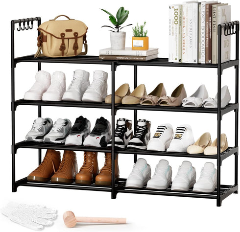 DYJIEKAI 2 Rows 4 Tier Shoe Rack, Black Metal Stackable Shoe Shelf with
