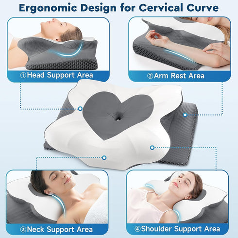 CushZone Cervical Neck Pillow, Memory Foam Neck Support Pillows for Sleeping, Shoulder Pillow for Side Sleepers, Back