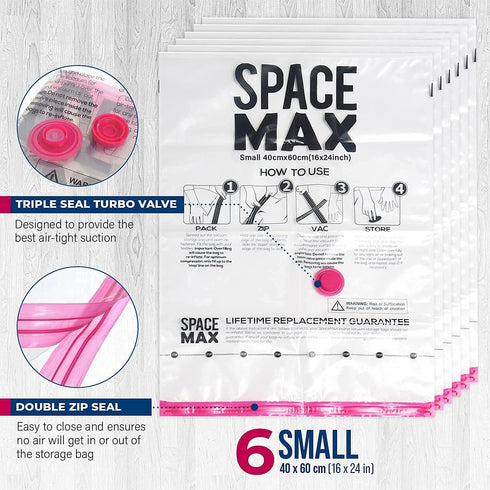 Small 6 Pack SPACE MAX Premium Space Saver Vacuum Storage Bags, Reusable with Travel Hand Pump