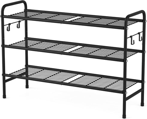 3 33" 4 Closet, VILICK Tier Shoe Rack Wide Metal Shoe Organizer Long Shoe Storage with Side Hooks Sturdy Shoes Shelf