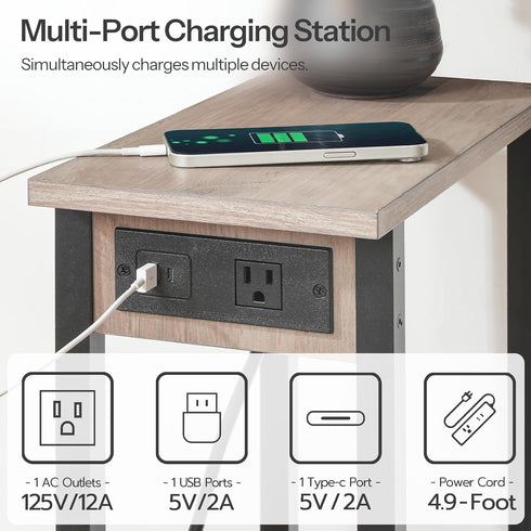 2-Tier BG240UBZ01 HOOBRO Narrow Side Table, Slim End Table with Charging Station, Skinny Nightstand with Open Storage
