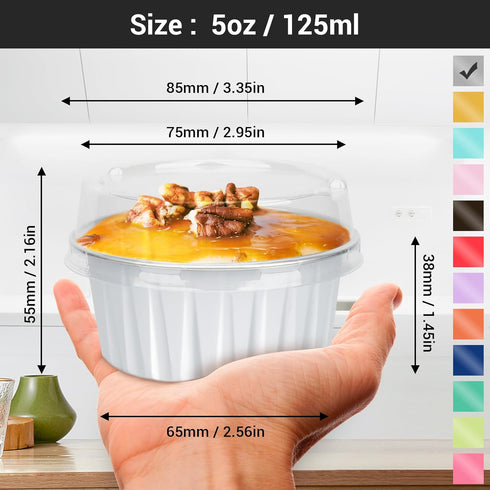EUSOAR Dessert Cups with Lids, 25pcs 5oz Disposable Ramekins Baking Cups, Cupcake Liners Aluminum Foil Mini Cheesecake Creme Brulee Ramekins Containers for Wedding Party Catering Gathering-White by EUSOAR