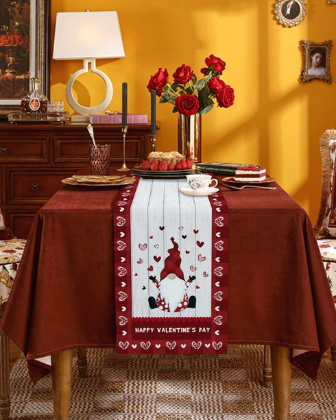 Valentine's Day Table Runner 70 Inches Long, Gnomes and Love Hearts on Wood Grain with Red Lattice Border