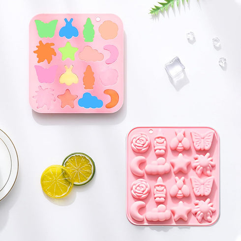 Pastoral Style Silicone Chocolate Mold, 16 Cavity Butterfly Bee Flower Moon Star Cloud for Candy, Jelly, Cake Decoration