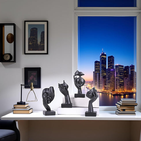 4 Set PCS Black Thinker Statue Abstract Sculptures Home Decor for Bookshelf, Office, TV Stand Knick Knacks See No Evil