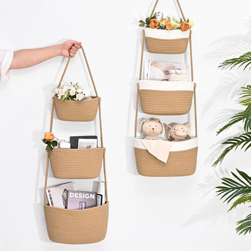 4 Hanging Storage Baskets, Over the Door Basket, Cotton Wall Baskets Storage, Hanging Door Basket with Hooks