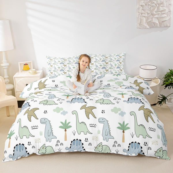 Kids Dinosaur Duvet Cover,Cute Cartoon Dino Animal Bedding Set Watercolor Cloud Jungle